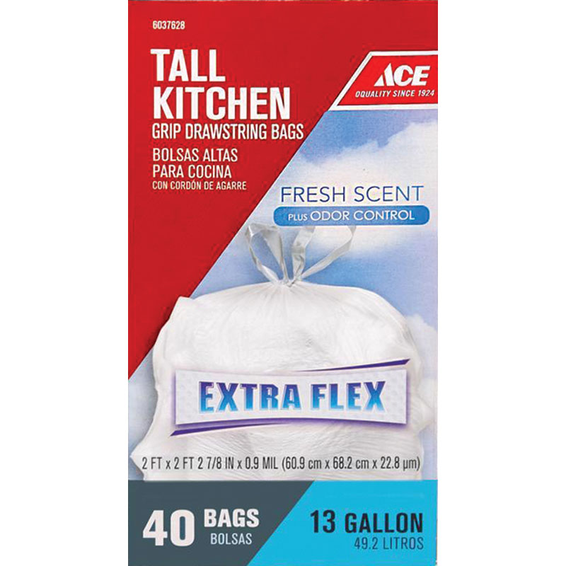 13 Gal. 40 Ct. Ace Tall Kitchen Grip Drawstring Trash Bags Fresh Scent 
