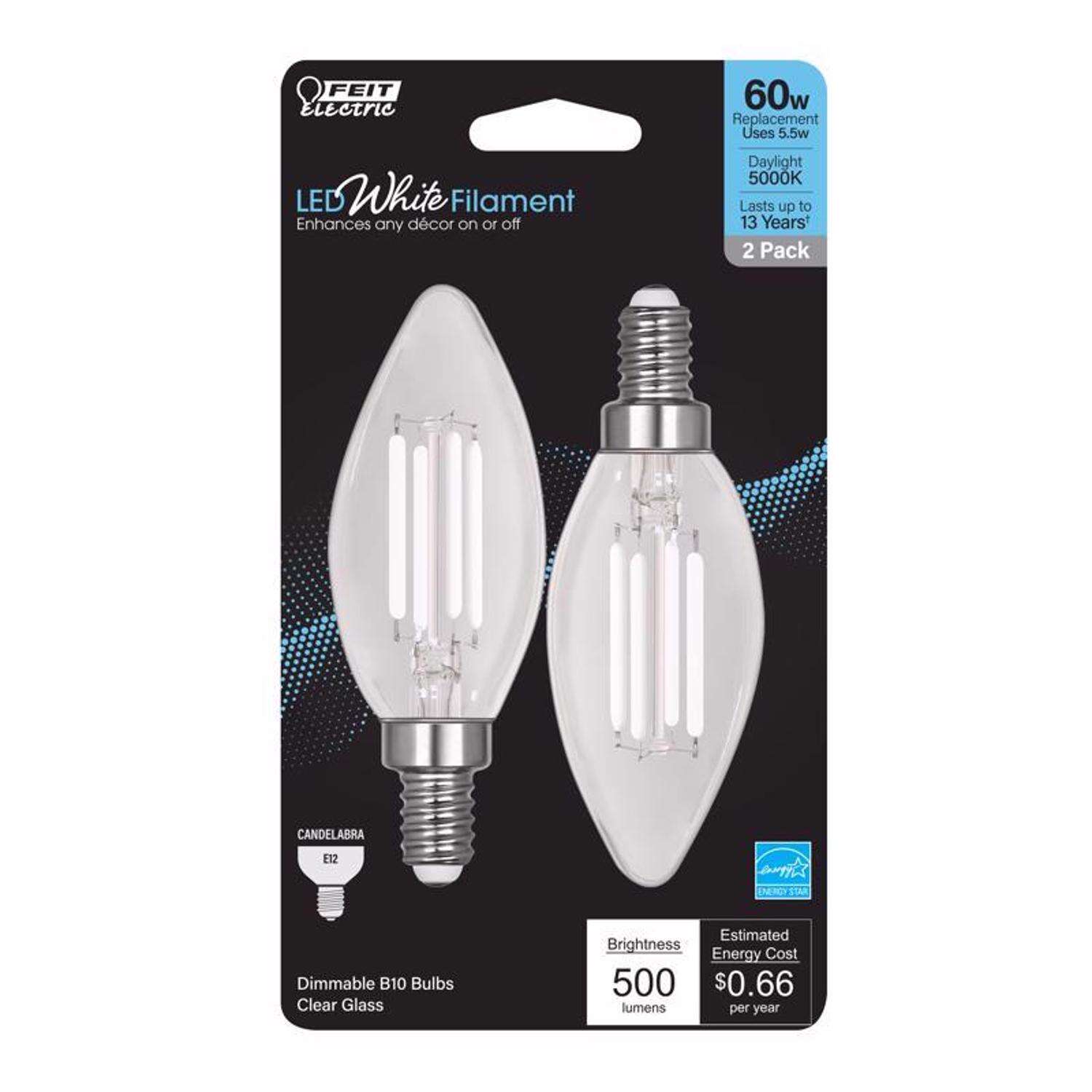 2 Pk. FEIT Candelabra Filament LED Soft White Bulb 60 W