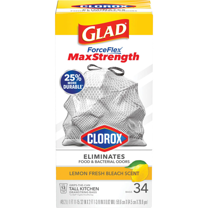 34 Ct. Glad ForceFlex MaxStrength with Clorox Bags Lemon Fresh Bleach Scent