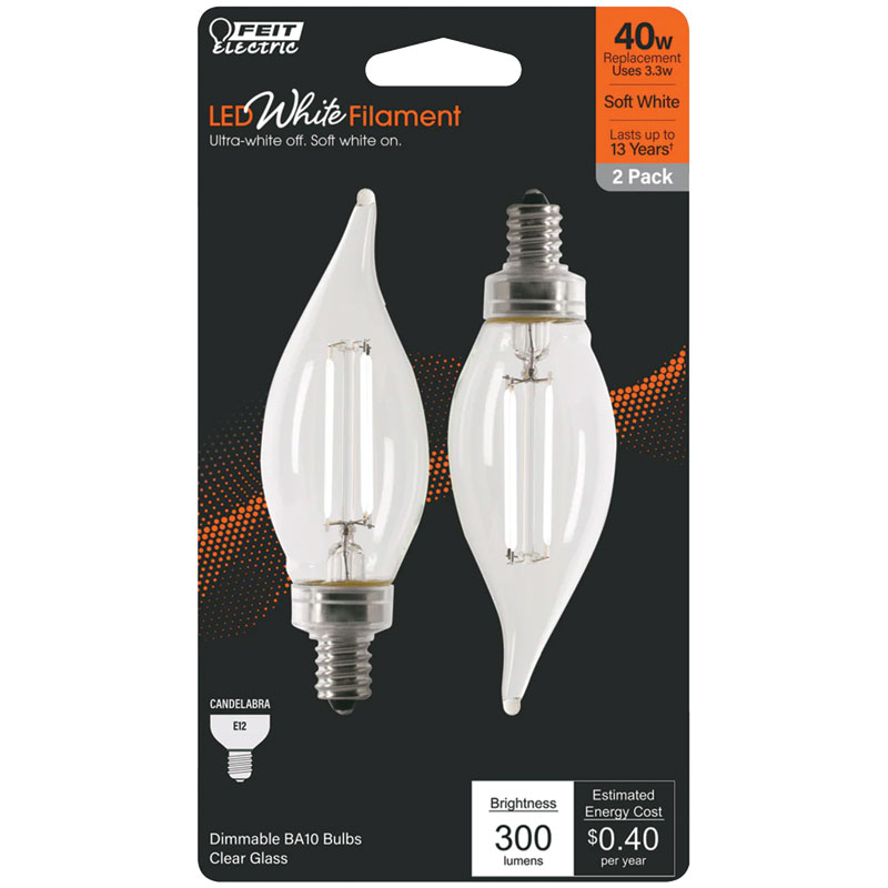 2 Pk. FEIT White BA10 E12 Candelabra Filament LED Bulb Soft White 40W Equivalence