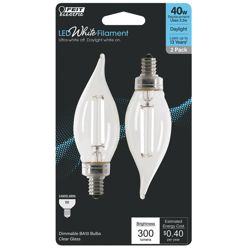 2 Pk. FEIT White BA10 E12 Candelabra Filament LED Bulb Daylight 40W Equivalent