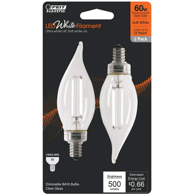 2 Pk. FEIT White BA10 E12 Candelabra Filament LED Bulb Soft Whit 60W Equivalent