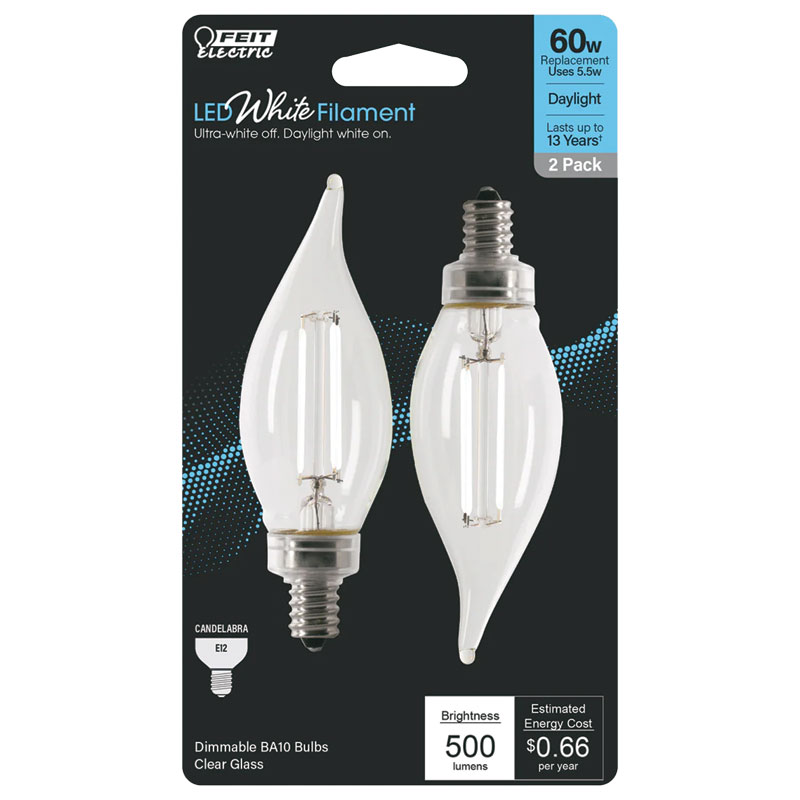 2 Pk. FEIT BA10 E12 Candelabra LED Flame Bulb Daylight 60W Equivalent