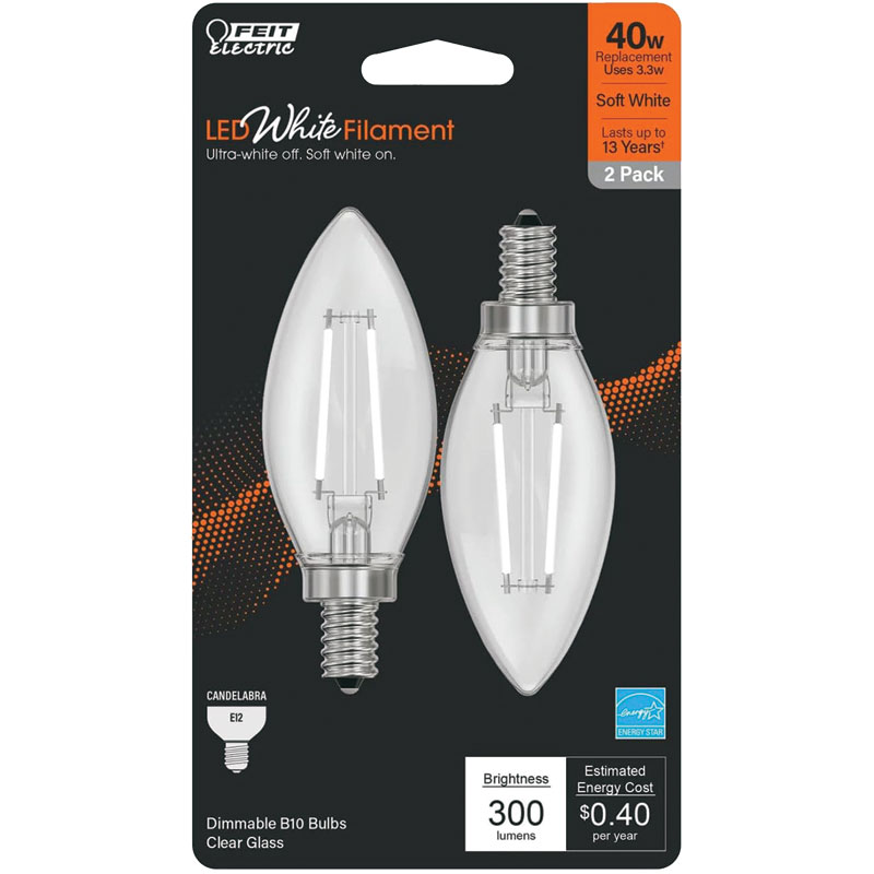 2 Pk. FEIT White B10 E12 Candelabra Filament LED Bulb Soft White 40W Equivalent