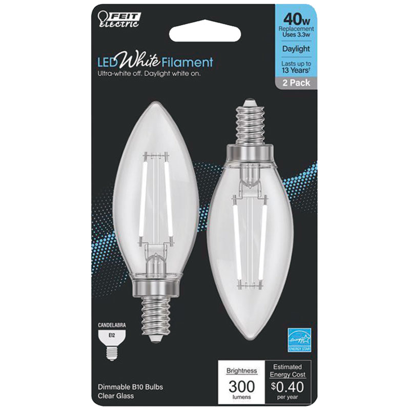 2 Pk. FEIT White B10 E12 Candelabra Filament LED Bulb Daylight 40W Equivalent