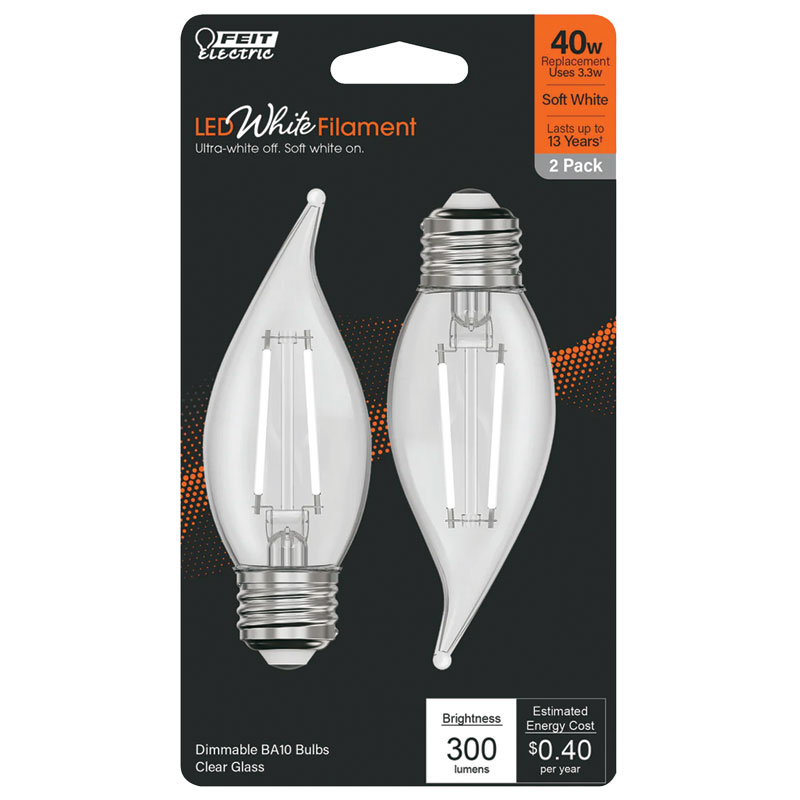 2 Pk. FEIT White BA10 E26 Medium Filament LED Bulb Soft White 40W Equvalent