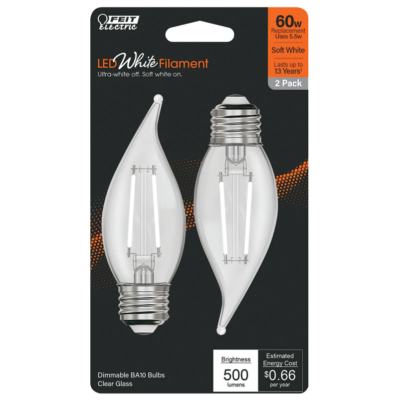 2 Pk. FEIT White BA10 E26 Medium Filament LED Bulb Soft White 60W Equivalent