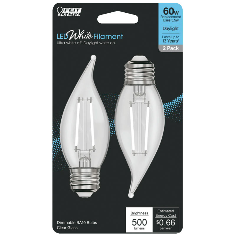 2 Pk. FEIT White BA10 E26 Medium Filament LED Bulb Daylight 60W Equivalent