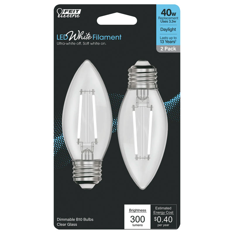 2 Pk. FEIT White B10 E26 Medium Filament LED Bulb Daylight 40W Equivalent