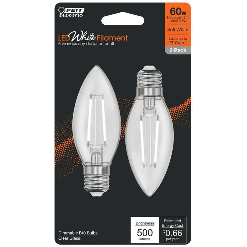 2 Pk. FEIT White B10 E26 Medium Filament LED Bulb Soft White 60W Equivalent