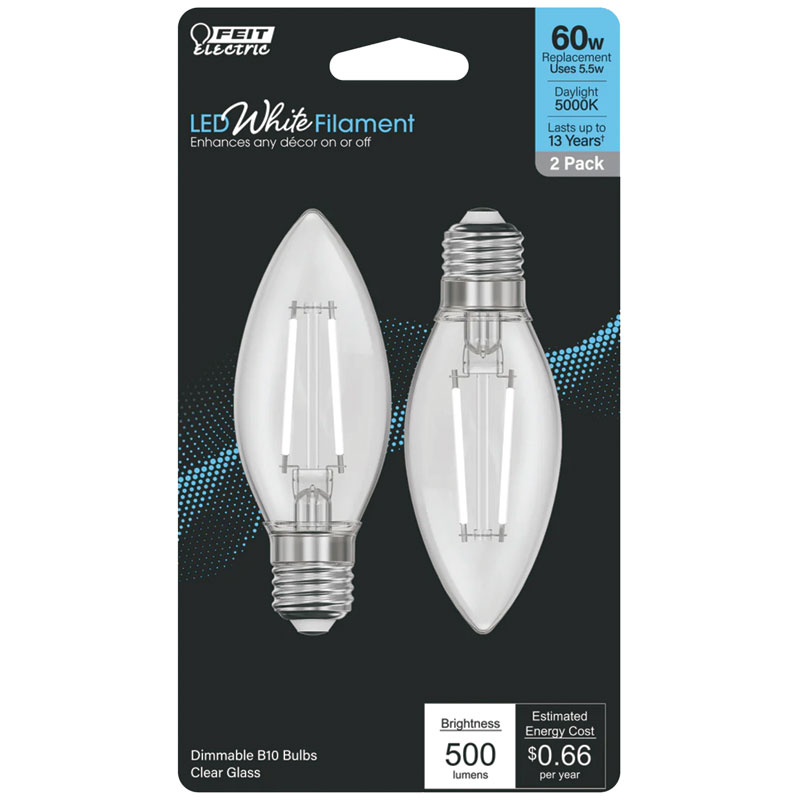 2 Pk. FEIT White B10 E26 Medium Filament LED Bulb Daylight 60W Equvalent