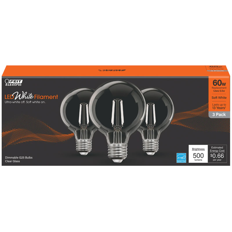 3 Pk. FEIT White G25 E26 Filament LED Bulb Soft White 60W Equivalent