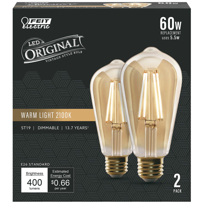 2 Pk. FEIT ST19 E26 Medium Filament LED Bulb Warm Amber 60W Equivalent